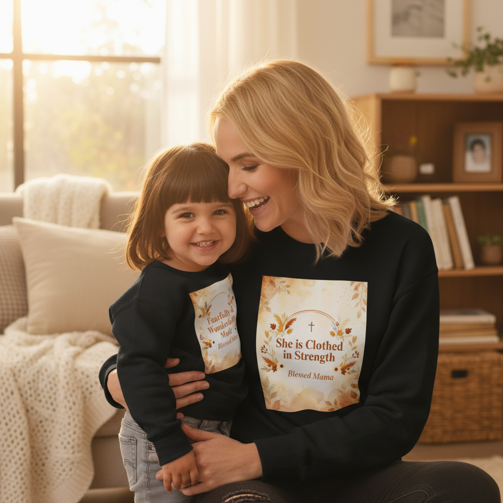 She is Clothed in Strength | Mama + Mini Matching Sweatshirt Set