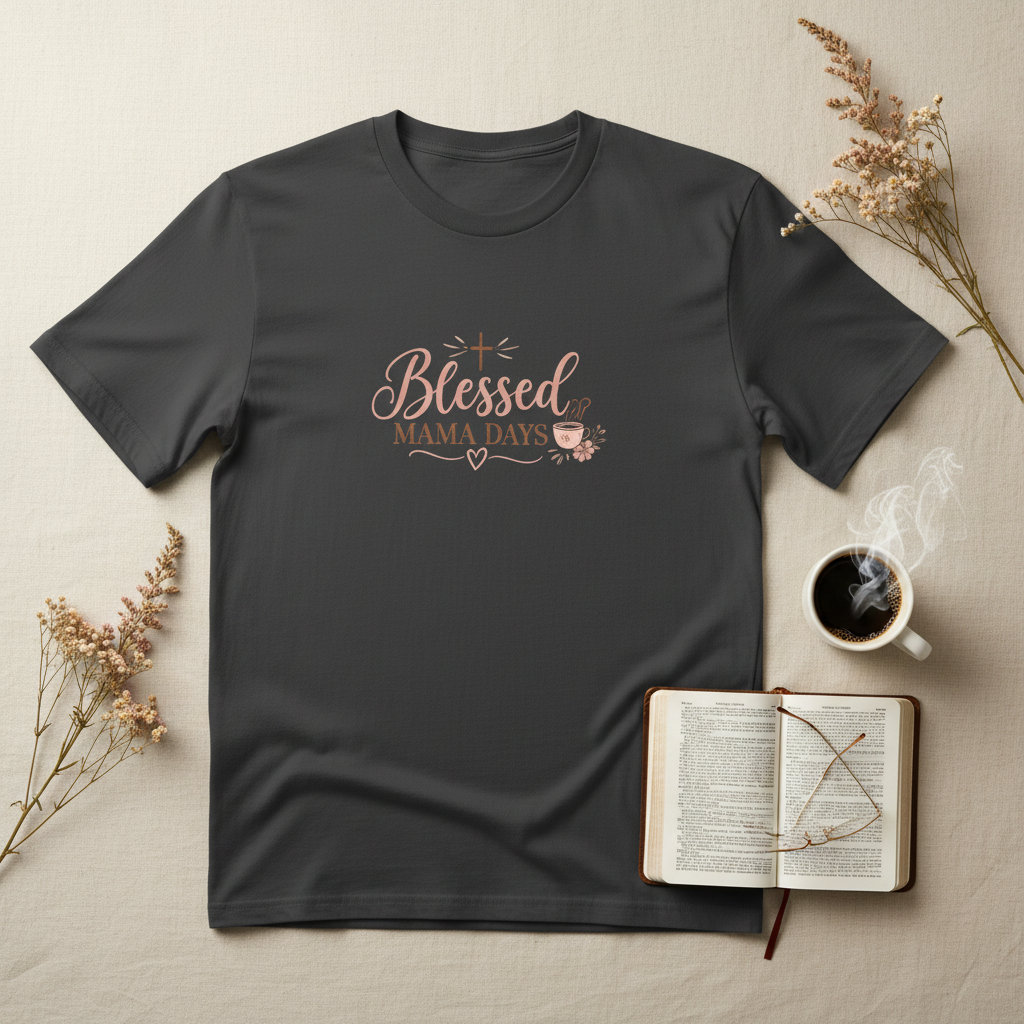 Sip and Scripture oversized faded t-shirt lifestyle with Bible and morning coffee